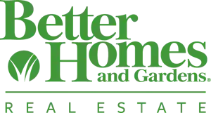 Better Homes and Gardens Real Estate logo in green text with a leaf symbol.