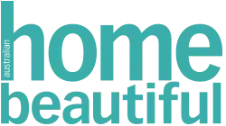 Text reading ’home beautiful’ in turquoise letters.